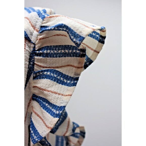 Monteau Los Angeles Top Womens Size Large Cream Blue Striped Faux Wrap Blouse - Picture 4 of 7